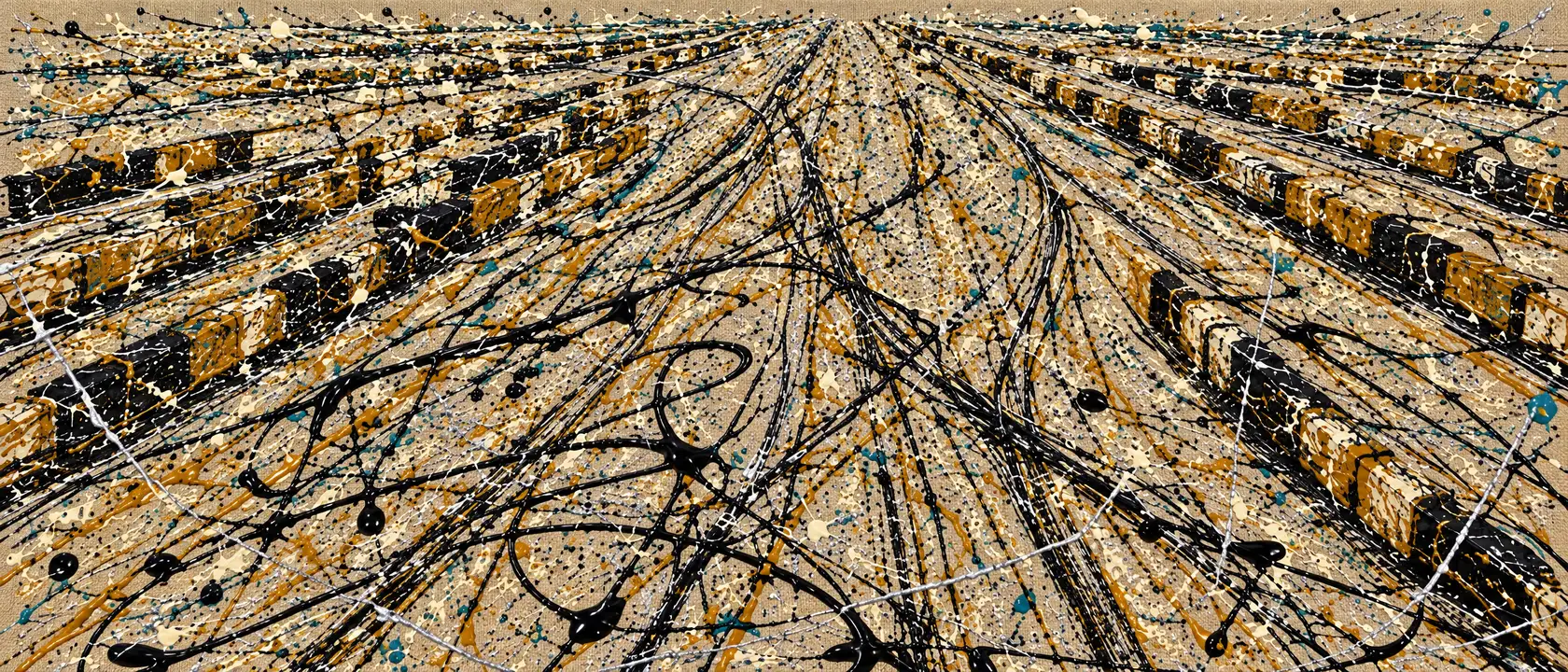 A rail yard poured as a drip painting: tracks and freight cars dissolve into black, ochre and white skeins on raw canvas.
